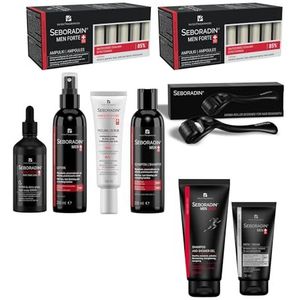 SEBORADIN Maria Black Set voor Mannen – Ampullen – Derma roller – Anti-Haaruitval Nachtserum Hoofdhuid – Shampoo 200 ml – Lotion 200 ml – Hoofdhuid Peeling – Gezichtscrème – Douchegel 2in1