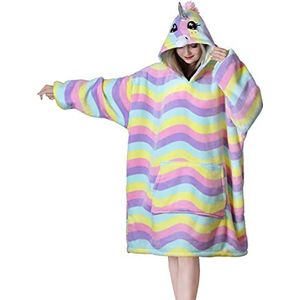 Queenshin Zachte Regenboog Tie-Dye Eenhoorns Oversized Hoodie Om Deken Voor Vrouwen Te Dragen, Comfortabele Microfiber Sherpa Sweatshirt Full Body Deken