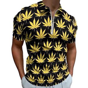 Golden Weed poloshirt voor heren, casual T-shirts met ritssluiting en kraag, golftops, slim fit