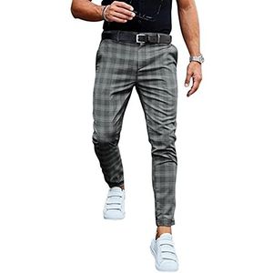 Geruite Herenbroek, Casual Slim-fit Zakelijke Broek Met Platte Voorkant, Geruite Print joggingbroek (Color : Gray, Size : M)