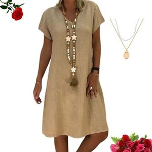 YHTRFD Zomerjurk voor dames, linnen zomerjurk, casual midi-jurk met V-hals, losse grote maten, katoen, linnen, korte mouwen, tuniekjurk, Kaki, M