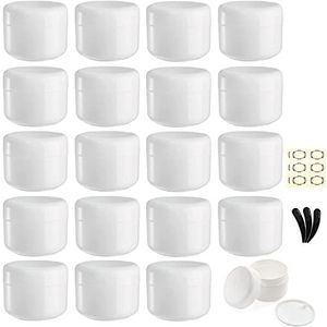 Yalbdopo 20 stuks cosmetische monsterpotten 20 ml wit, 3 mini spatels en etiketten, plastic reispotcontainers met koepeldeksels en binnenvoeringen voor make-up crèmes lotion schoonheid nagels, Kleur: wit