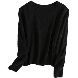 Dames wollen trui ronde kraag solide gedraaide retro losse comfortabele zachte trui, Zwart, M