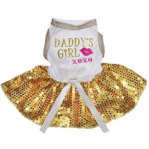 Petitebelle Papa's Meisje Xoxo Katoen Shirt Tutu Puppy Hond Jurk, XXX-Large, White/Gold Sequins