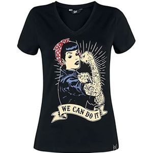 Queen Kerosin Dames T-shirt met korte mouwen Vintage Print We Can Do It V-hals Slim Fit We Can Do It, zwart, XL