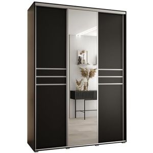 MEBLE KRYSPOL Davos 11 170 Kledingkast met drie schuifdeuren voor slaapkamer - Moderne Kledingkast met spiegel, kledingroede en planken - 235,2x170x60 cm - Zwart Zwart Zilver