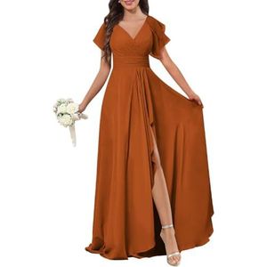 Chiffon galajurken met spleetplooien, bruidsmeisjesjurken voor bruiloft, cocktailjurk, grote maten, Verbrand Oranje, 36