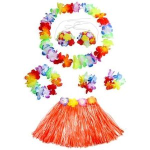 Dames meisjes hoelarok 40 cm 5 stks/6 stuks Hawaiiaanse hoelagras dansrok met Leis kostuum elastisch gras Hawaiiaanse bloem armbanden hoofdband ketting (kleur: oranje, maat: 40 cm 6 stuks)