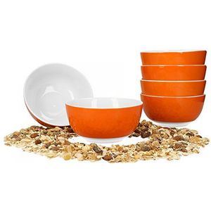 van Well Vario Mueslikommenset, 6-delig, komservies voor 6 personen, diepe soepkom 14 cm, porseleinen set binnen wit en buiten oranje, slakom, magnetronbestendig