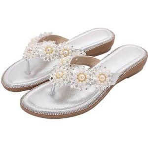 Xytraiihw Dames sandalen met clip, modieuze casual slippers met parelmoeren en strass steentje zomerse platte sandalen grote maten comfortabele strandschoenen voor bruiloften,Zilver,36 EU