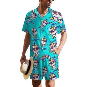 Eenhoorn kat Hawaiiaanse pak voor heren, set van 2 stuks, strandoutfit, shirt en korte broek, bijpassende set