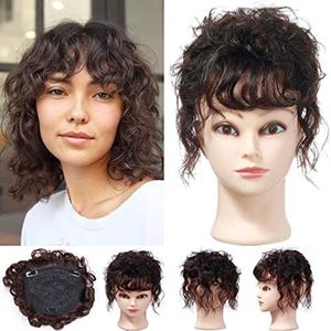Onzichtbare Pluizige Menselijk Haar Stuk Clip in Voorhoofd Vervanging Topper met Fringe Krullend Bruin