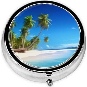 Schattige palmbomen en doorzichtige zee draagbare pillendoos - ronde pillenorganisator, doseerkoffer, 3 compartimenten medicijnpillenetui voor reizen, kleine pillendoos voor portemonnee en zak