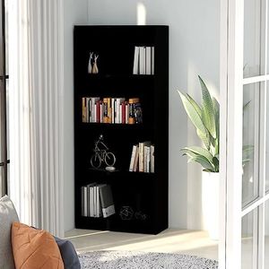AUUIJKJF Boekenkast met 4 niveaus, zwart, 60x24x142 cm, houten meubelen