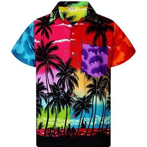 V.H.O. Funky Hawaïhemd heren korte mouwen voorzak Hawaii-print strand palmen diverse kleuren, Beach grijs, XL