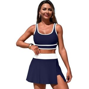 Dames Tweedelig Rok Badpak Met Boyshorts Vrouwen Tweedelige Badjurk Ronde Hals Hoge Taille Rok Badpak, Verborgen Blauw, S