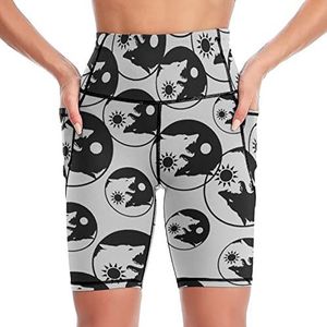 Wolf Yin Yang Sun Moon Yoga Biker Shorts voor dames, hoge taille, trainingsbroek met zakken