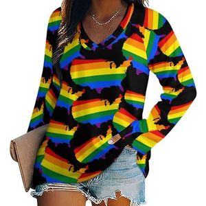 Gay Pride LGBT Vlag Kaart van Amerika Regenboog Vrouwen Lange Mouw V-hals T-shirts Herfst Tops Trui Tuniek Tee voor Leggings
