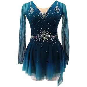 Nnnydjy Kunstschaatswedstrijdjurk Voor Dames Meisjes' Lange Mouwen Professionele Ijsschaatsrok Mesh Ritmische Gymnastiek Leotard Met Strass,Blauw,11_13Years