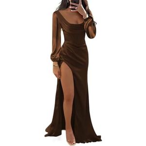 Dames satijnen formele galajurken met split bruidsmeisjes jurken voor bruiloft cocktailjurken grote maten, Bruin, 34