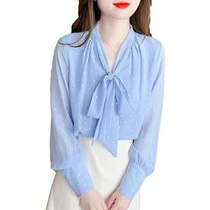 ROUZIHU Eenvoudige Casual Chiffon Lente en Herfst Losse Lange Mouwen V-hals Trompetmouwen Effen Kleur(Blu,XXL)