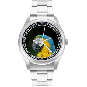Kleurrijke Blauwe En Gouden Macaw Volière Mannen Rvs Horloges Quartz Horloge Gemakkelijk te Lezen Custom Gift voor Papa Vriend