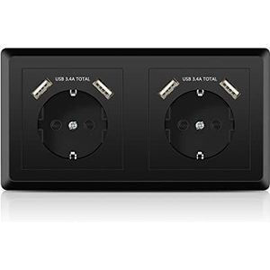 Kaifire Schuko Dubbel Stopcontact met 4 USB Inbouwstopcontact Zwart Inbouw Wandcontactdoos met Frame Oplader voor Smartphone, Tablet, MP3