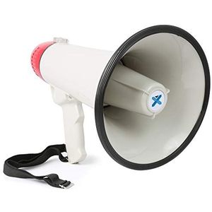 Vexus MEG045 Megafon 40W megafoon met sirene en opnamefunctie met sirene en opnamefunctie (MP3-compatibele USB-sleuf en SD-kaartsleuf, AUX-batterijvoeding, draagriem) rood-wit