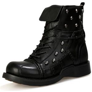 Men's Leather Warm Work Boots, Retro Gothic Skull Punk Ankle Boots, Mid-calf Casual Motorcycle Desert Boots (Color : Black, Size : 37 EU)