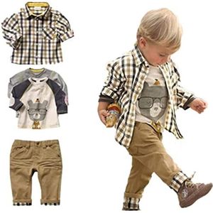 SOPO Peuter Jongens Casual 3-delige Set (T-shirt + geruite shirt + kaki broek) 1-2 jaar