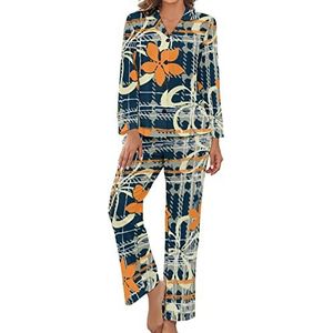 Oranje hortensia dames pyjama set lange mouwen lounge set comfortabele button down nachtkleding XL