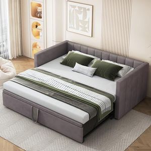 Idemon Gestoffeerd bed, uittrekbare slaapbank, 90/180 x 200 cm, met lattenbodem, multifunctioneel bed van huidvriendelijk fluweel, donkergrijs