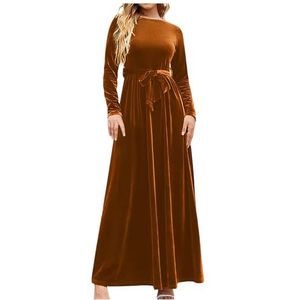 UPPJPBSW Dames Herfst Winter Elegante Fluwelen Maxi Jurk met Lange Mouwen en Tailleband voor Formele Bruiloft, Cocktailfeest,Bruin,L