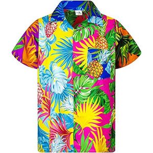 King Kameha funky informeel Hawaïaans shirt voor kinderen, jongens en meisjes met voorzak. Zeer opvallende korte mouwen unisex ananasbladeren palmen print, 2 jaar
