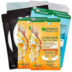 2 x Garnier SkinActive vochtmasker granaatappel + 2 x rustgevende Hydra Bomb kamille + 2 x Hydra Bomb mat groene thee + 2 x Purifying Purifying + 2 x anti-vermoeidheid voor de ogen