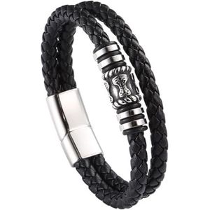 Noorse Viking Mjolnir Lederen Armbanden Voor Mannen - Dubbellaags Roestvrij Staal Odin Thor's Hammer Bead Gevlochten Lederen Polsband - Keltische Heidense Amulet Manchet Armband Sieraden (Color : Bla