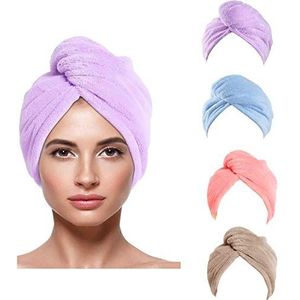 4 stuks tulband handdoek met knoop haartulband handdoek sneldrogende microvezel handdoek tulband haardroogdoek (33 x 66 cm, roze / paars / bruin / blauw (meerdere kleur)