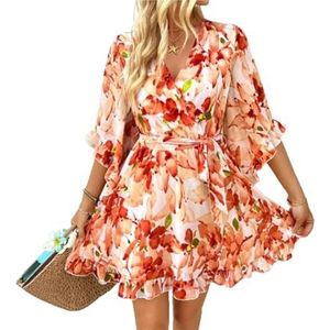 CupitiDU Dames Boho Bloemen Gedrukt Chiffon Jurken, Casual Zomer V-hals Chiffon Lange Boerenmouwen Vloeiende Orset Jurk, Oranje B, XL