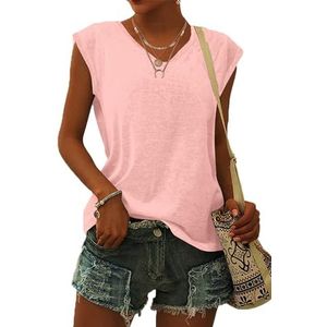 WNEEDU T-shirt Dames Zomer V Hals Tanktop Losse Blousetops Zomer Dames Luchtig met Kapmouwtjes Licht Roze M