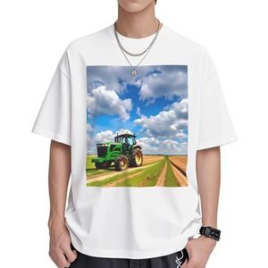 Tractor Under Blue Sky and White Clouds Print Dames Katoenen T-shirts Casual Korte Mouw Tuniek Tops Ronde hals Zomer Basic Loose Fit Tee, Wit, S