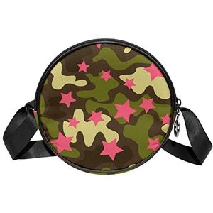 Ronde Crossbody Tas Groene Camouflage Roze Sterren Messenger Bag Purse voor Vrouwen, Meerkleurig, 6.7x6.7x2.3 in, Sling Rugzakken