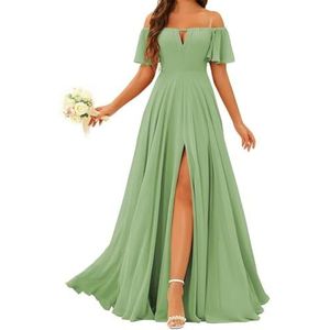 Prinses Bruidsmeisje Jurken Off Shoulder Prom Jurken Plooien Chiffon Formele Avond Party Maxi Jurk met Split ZMK196, Stoffige Salie, 32