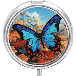 Grote vlinder pillendoos draagbare pillenorganizer met 3 compartimenten en kleine spiegel reizen pillendoosje voor zak of portemonnee ronde medicijnorganisator decoratieve vitamine-organizer