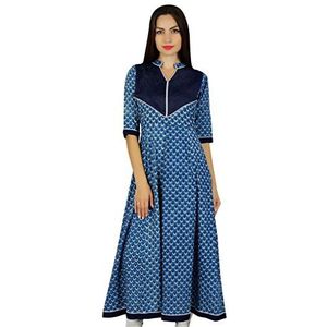 Bimba Dames etnische blauwe anarkali kurta blokprint designer kurti casual wear jurk bedrukt, blauw, 48