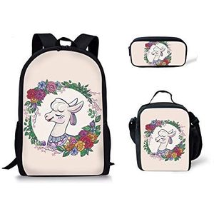 Jeiento Schooltassen Rugzak Geïsoleerde Lunchbox Potlood Case voor Kids Bagpack 3 in 1, Alpaca (roze) - School bag set-22