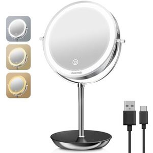 Auxmir Oplaadbare Cosmeticaspiegel LED-verlichting met 1X/20X Vergroting, Make-upspiegel met Touchswitch USB, 3 Lichtkleuren en 360° Draaibaar, Dubbelzijdige Tafelspiegel voor Thuis