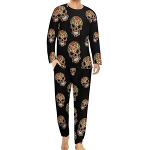 Rose Skull Day of The Dead comfortabele herenpyjama set ronde hals lange mouwen loungewear met zakken XL