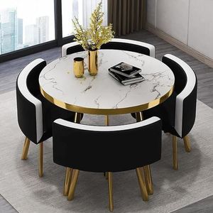 Ronde Eettafel En Stoelenset, Kantoorontvangstkamer, Salontafel En Stoelset, Zakelijke Tafel En Stoelcombinatie, Ronde Houten Tafel 4 Lederen Stoelen (Kleur : Black B, Maat : 80CM)