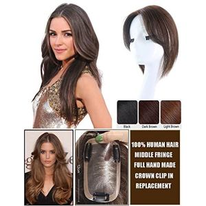 8x12cm kroon menselijk haar stuk clip in PU kant topper met middelste franje verlenging recht 35cm zwart