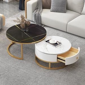 Multifunctionele salontafel, 2-delig, met opberglade for woonkamer- en slaapkamerdecoratie, leistenen marmeren textuur en metalen frame (Color : Gold Frame+black+white)